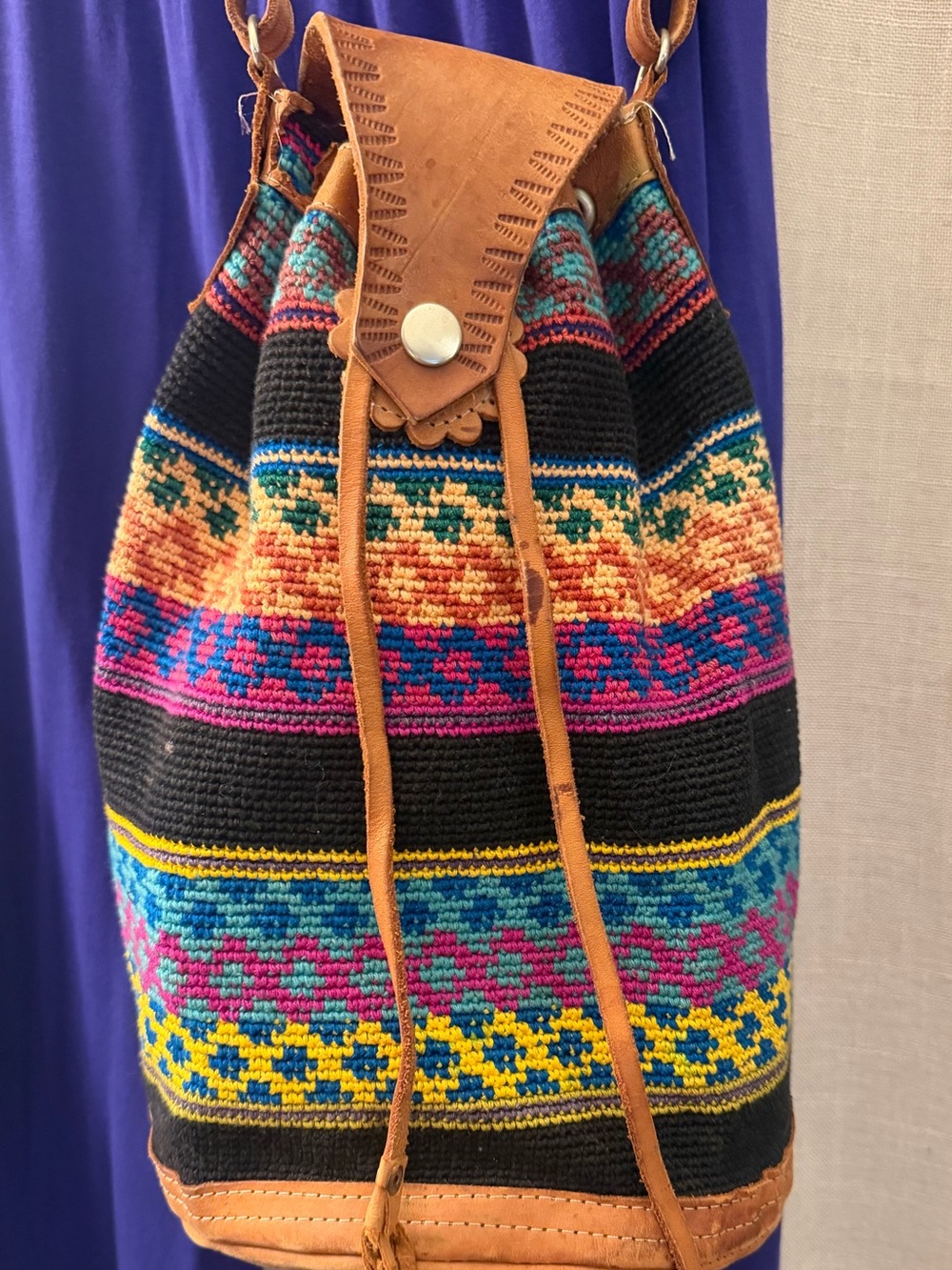 Handwoven Multicolor Boho Drawstring Bucket Bag with Tan Genuine Leather Trim